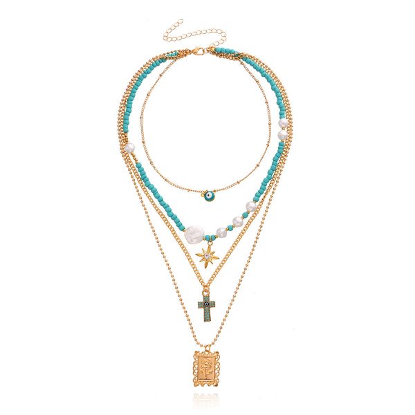 Teal & Cubic Zirconia Rose Card Layered Pendant Necklace on Sale