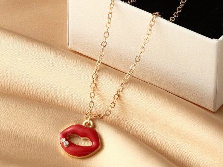 Cubic Zirconia & Red Enamel Lip Pendant Necklace Online Sale