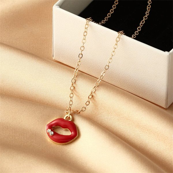 Cubic Zirconia & Red Enamel Lip Pendant Necklace Online Sale