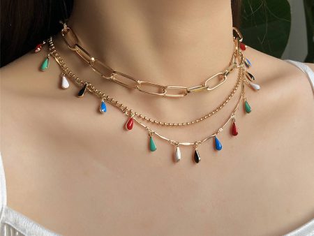 Teal Enamel & 18K Gold-Plated Multicolor Pear Layered Station Necklace Set Fashion