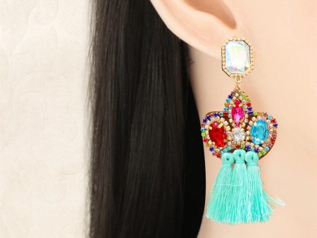 Teal Crystal & Cubic Zirconia Tassel Drop Earrings Supply