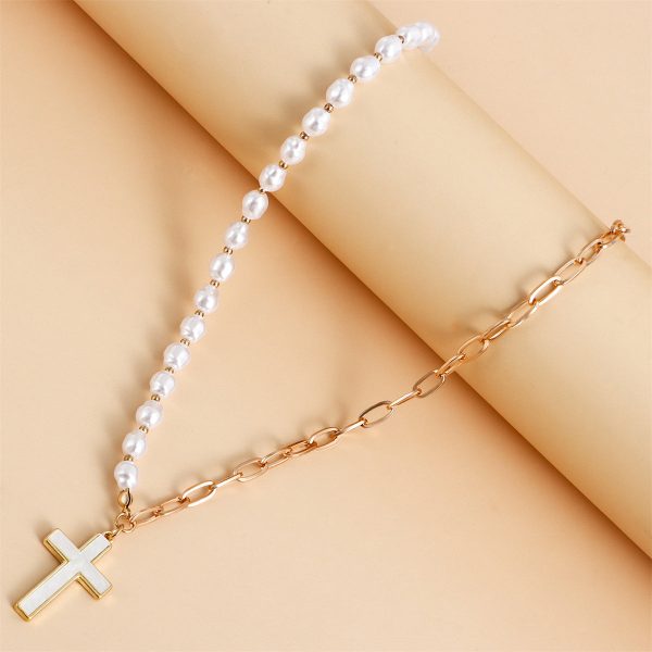 Shell & Pearl 18K Gold-Plated Cross Pendant Patchwork Necklace For Discount