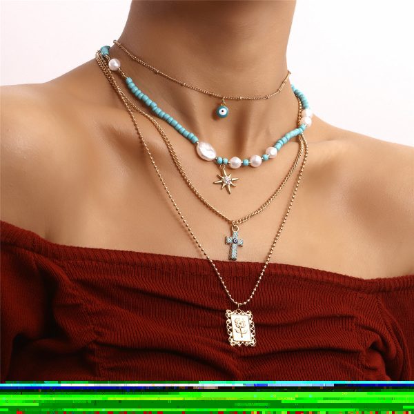 Teal & Cubic Zirconia Rose Card Layered Pendant Necklace on Sale