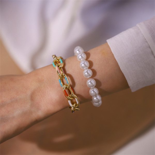 Teal Enamel & Pearl 18K Gold-Plated Bracelet Set Sale