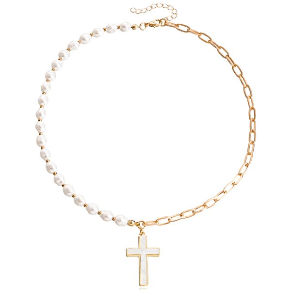 Shell & Pearl 18K Gold-Plated Cross Pendant Patchwork Necklace For Discount