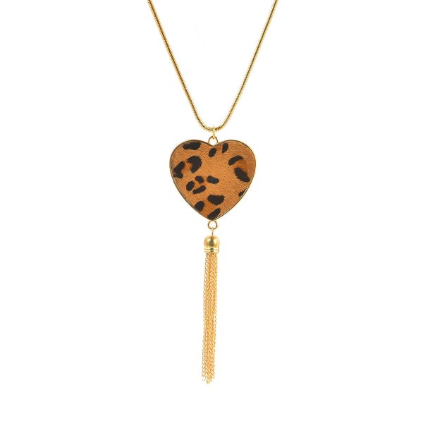 Tan Polyurethane & 18K Gold-Plated Leopard Heart Tassel Pendant Necklace Hot on Sale