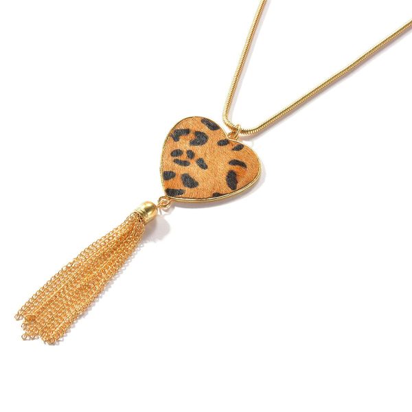 Tan Polyurethane & 18K Gold-Plated Leopard Heart Tassel Pendant Necklace Hot on Sale