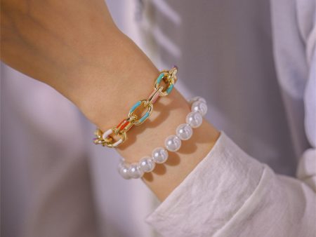 Teal Enamel & Pearl 18K Gold-Plated Bracelet Set Sale