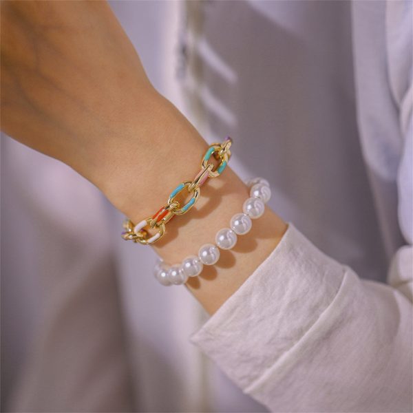 Teal Enamel & Pearl 18K Gold-Plated Bracelet Set Sale