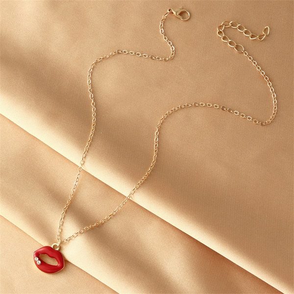 Cubic Zirconia & Red Enamel Lip Pendant Necklace Online Sale