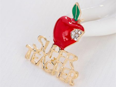 Cubic Zirconia & Enamel 18K Gold-Plated  Super Teacher  Apple Brooch on Sale