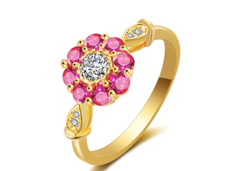 Cubic Zirconia & Red Crystal Flower Halo Ring For Discount