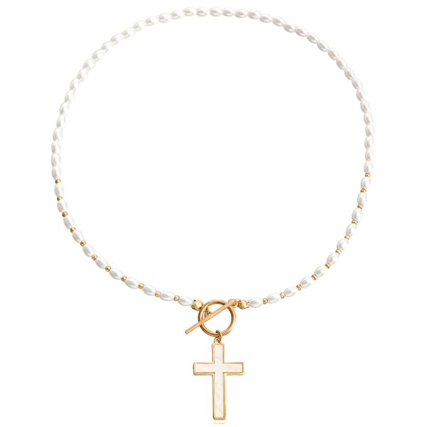 Shell & Pearl 18K Gold-Plated Cross Pendant Toggle Necklace Fashion