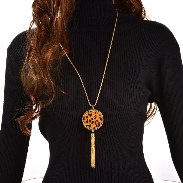 Tan Polyurethane & 18K Gold-Plated Leopard Round Tassel Pendant Necklace For Cheap