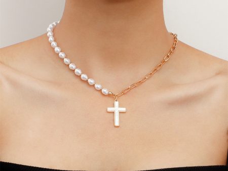 Shell & Pearl 18K Gold-Plated Cross Pendant Patchwork Necklace For Discount