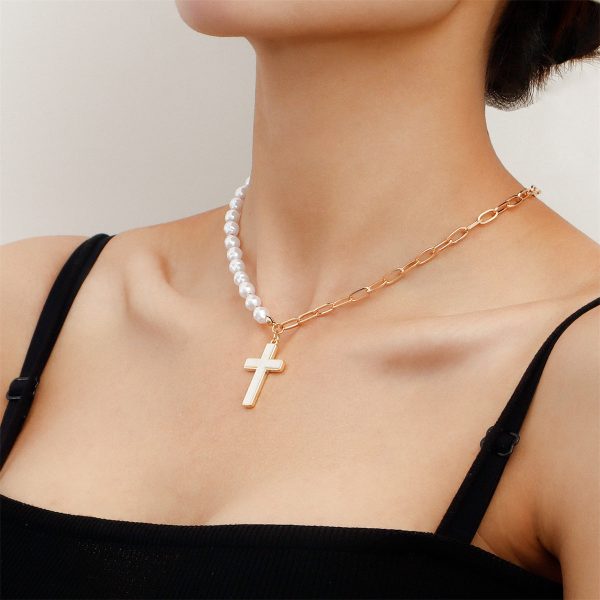 Shell & Pearl 18K Gold-Plated Cross Pendant Patchwork Necklace For Discount