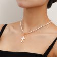 Shell & Pearl 18K Gold-Plated Cross Pendant Toggle Necklace Fashion