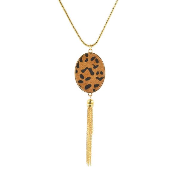 Tan Polyurethane & 18K Gold-Plated Leopard-Print Oval Tassel Pendant Necklace Cheap