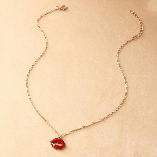 Cubic Zirconia & Red Enamel Lip Pendant Necklace Online Sale