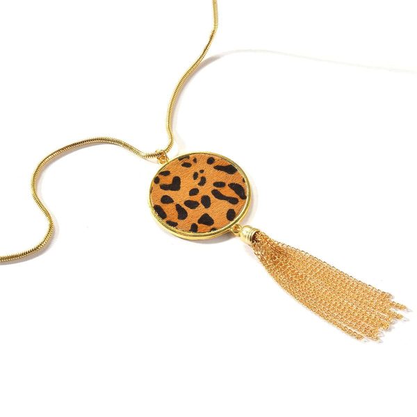 Tan Polyurethane & 18K Gold-Plated Leopard Round Tassel Pendant Necklace For Cheap