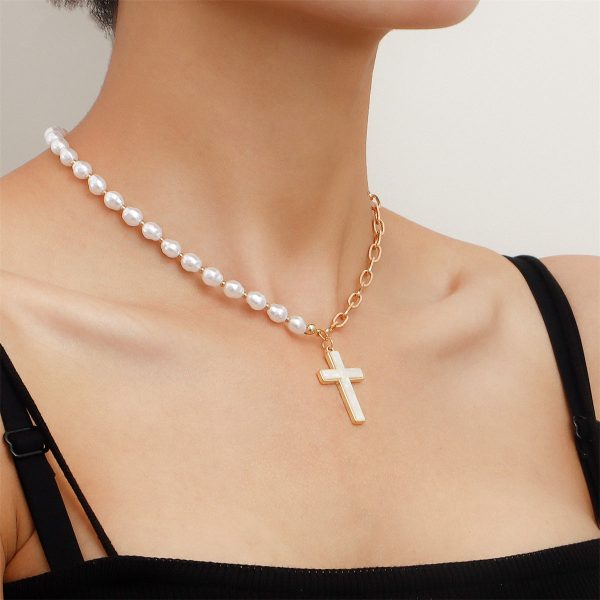 Shell & Pearl 18K Gold-Plated Cross Pendant Patchwork Necklace For Discount