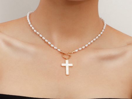 Shell & Pearl 18K Gold-Plated Cross Pendant Toggle Necklace Fashion