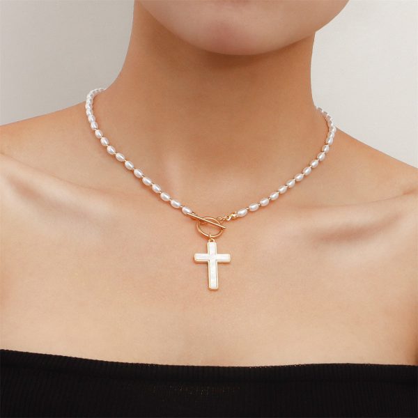 Shell & Pearl 18K Gold-Plated Cross Pendant Toggle Necklace Fashion