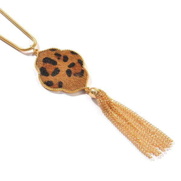 Tan Polyurethane & 18K Gold-Plated Leopard Lattice Tassel Pendant Necklace Fashion