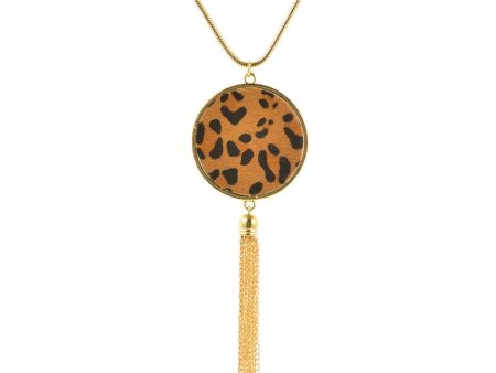 Tan Polyurethane & 18K Gold-Plated Leopard Round Tassel Pendant Necklace For Cheap