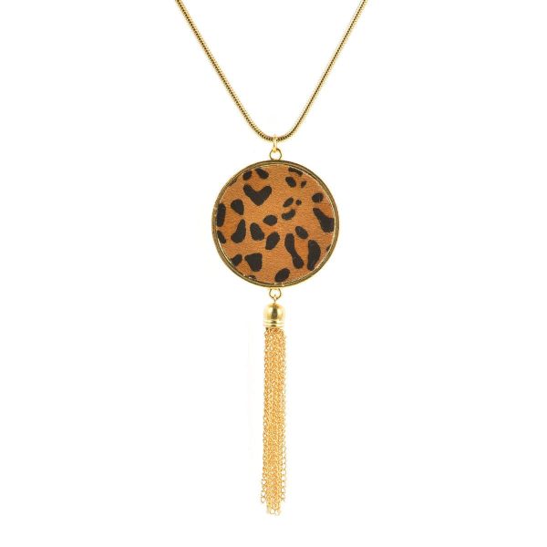 Tan Polyurethane & 18K Gold-Plated Leopard Round Tassel Pendant Necklace For Cheap