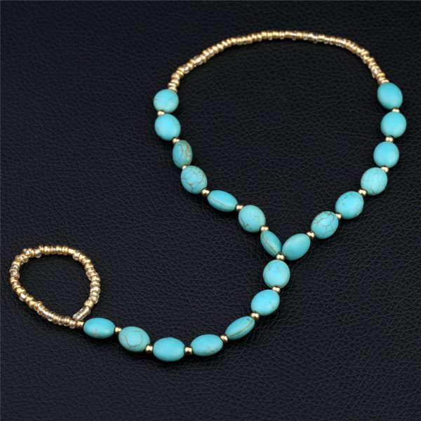 Teal Turquoise & 18K Gold-Plated Ankle-To-Toe Ring Anklet Fashion