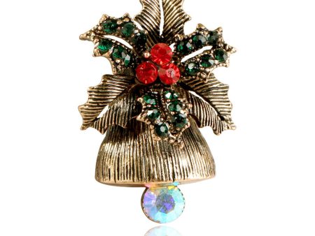 Cubic Zirconia & 18K Gold-Plated Flower Christmas Bell Brooch For Sale