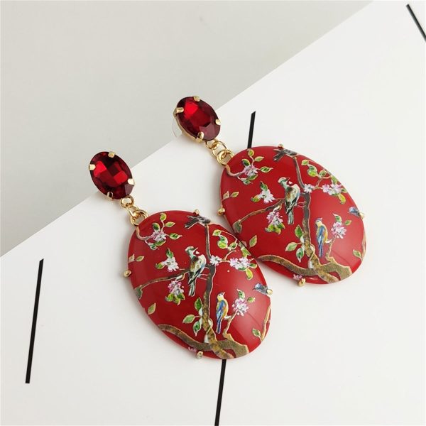 Red Crystal & 18K Gold-Plated Bird Branch Oval Drop Earrings Hot on Sale