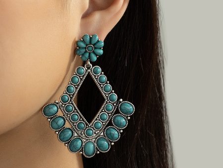 Turquoise & Silver-Plated Floral Rhombus Drop Earrings on Sale