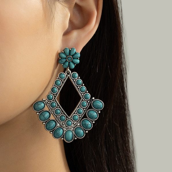 Turquoise & Silver-Plated Floral Rhombus Drop Earrings on Sale