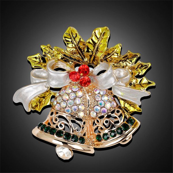 Cubic Zirconia & 18K Gold-Plated Botany Bow & Bell Brooch For Sale