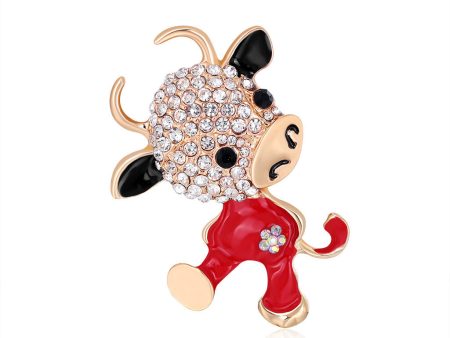 Clear Cubic Zirconia & Red Enamel Cattle Brooch For Cheap