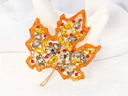 Yellow Crystal & Red Cubic Zirconia Maple Brooch Fashion