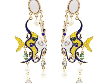 Yellow & Blue Enamel 18K Gold-Plated Fish Drop Earrings For Sale