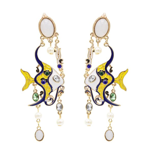 Yellow & Blue Enamel 18K Gold-Plated Fish Drop Earrings For Sale