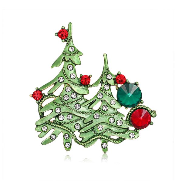 Clear Cubic Zirconia & Green Enamel Christmas Tree Brooch on Sale