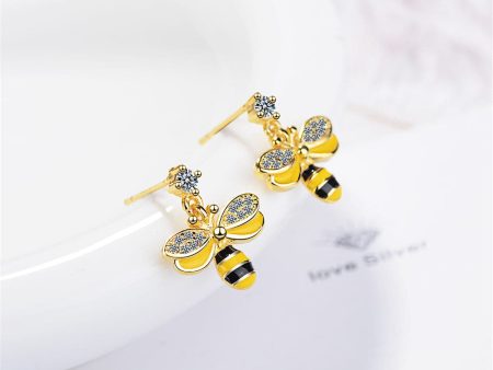 Yellow Enamel & Cubic Zirconia 18K Gold-Plated Bee Drop Earring Online now