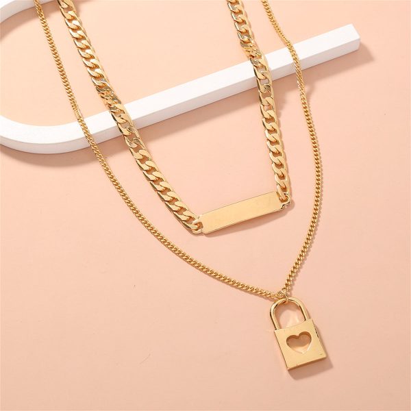 18K Gold-Plated Bar & Heart Lock Necklace Set Online now