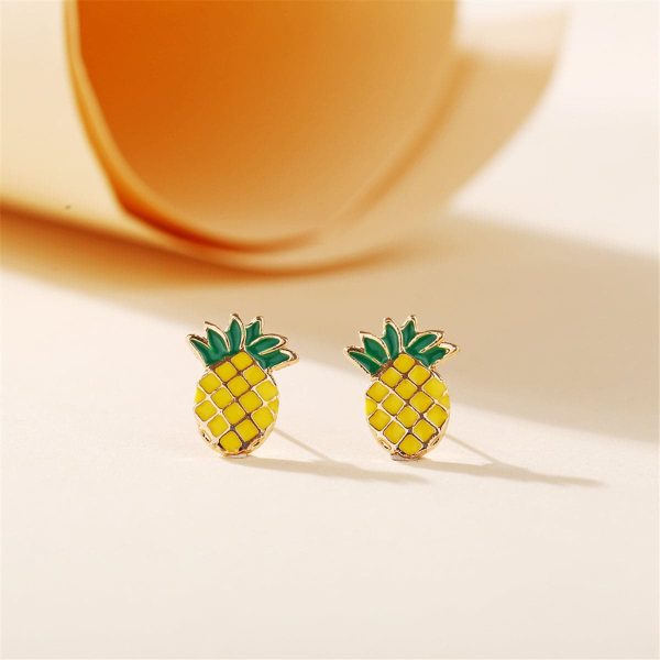 Yellow & Green Enamel Pineapple Stud Earrings Fashion