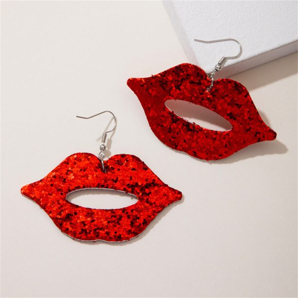 Red Polystyrene & Silver-Plated Glitter Lip Drop Earrings For Sale