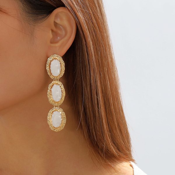 White Enamel & 18K Gold-Plated Textured Oval Trio Drop Earrings on Sale