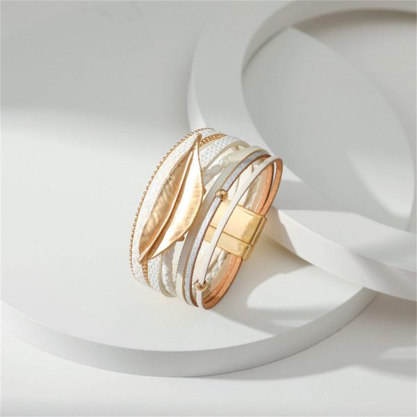 White Polystyrene & 18K Gold-Plated Bead Line Leaf-Charm Layered Bangle Online Sale