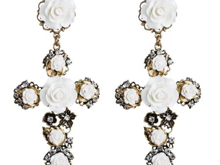 White Resin & Cubic Zirconia Rose Cross Drop Earrings Online Sale