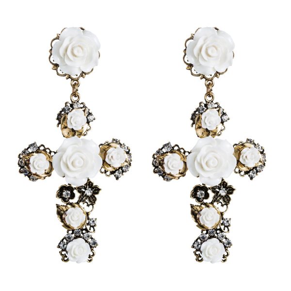 White Resin & Cubic Zirconia Rose Cross Drop Earrings Online Sale