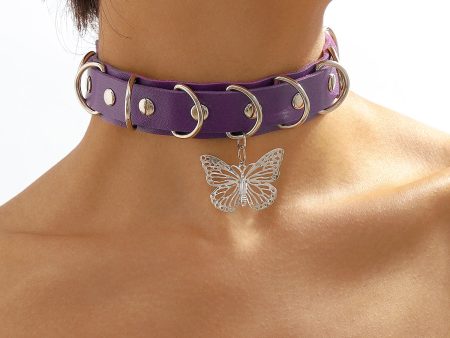 Purple Polystyrene & Silver-Plated Butterfly Choker Necklace on Sale